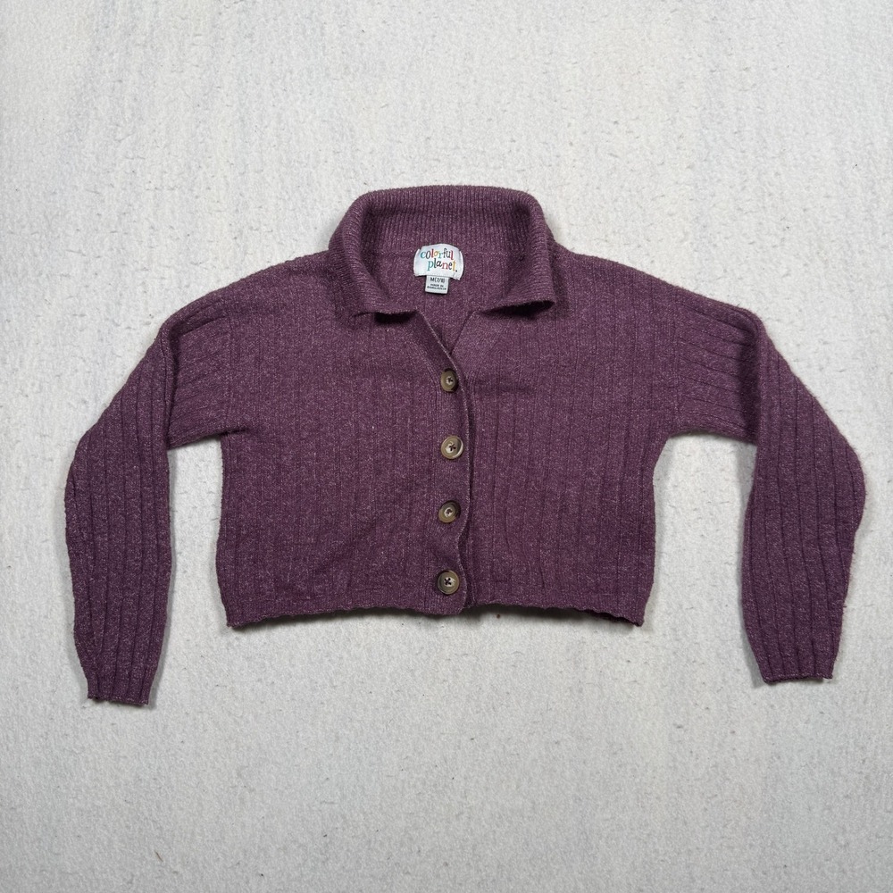 Colorful Planet Kids Purple Ribbed Knit Cropped Button Cardigan Sweater M 7/8